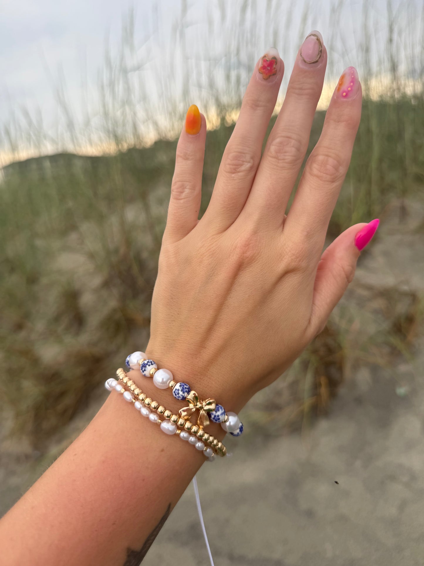 Blue & White Bow Layer Bracelet Set