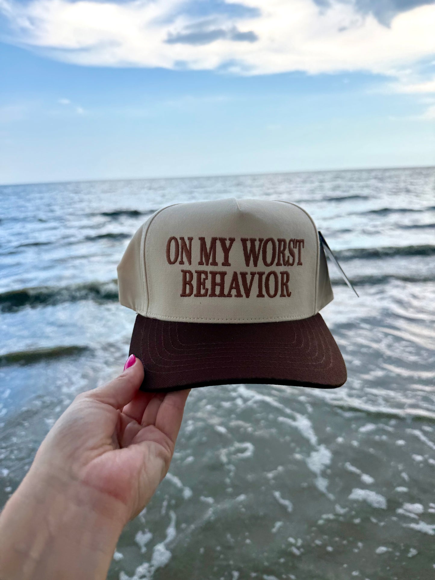 On My Worst Behavior Trucker Hat - Brown