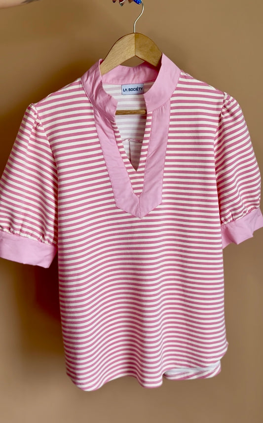 Pink Stripe Bubble Sleeve Blouse