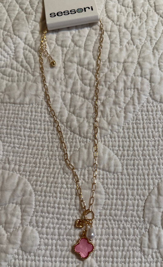 Clover Triple Charm Necklace - Pink
