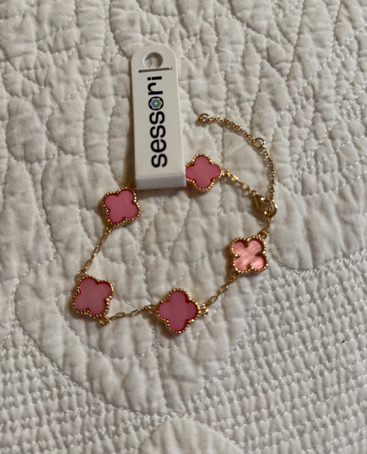 Double Sided Pearl Clover Chain Bracelet- Pink