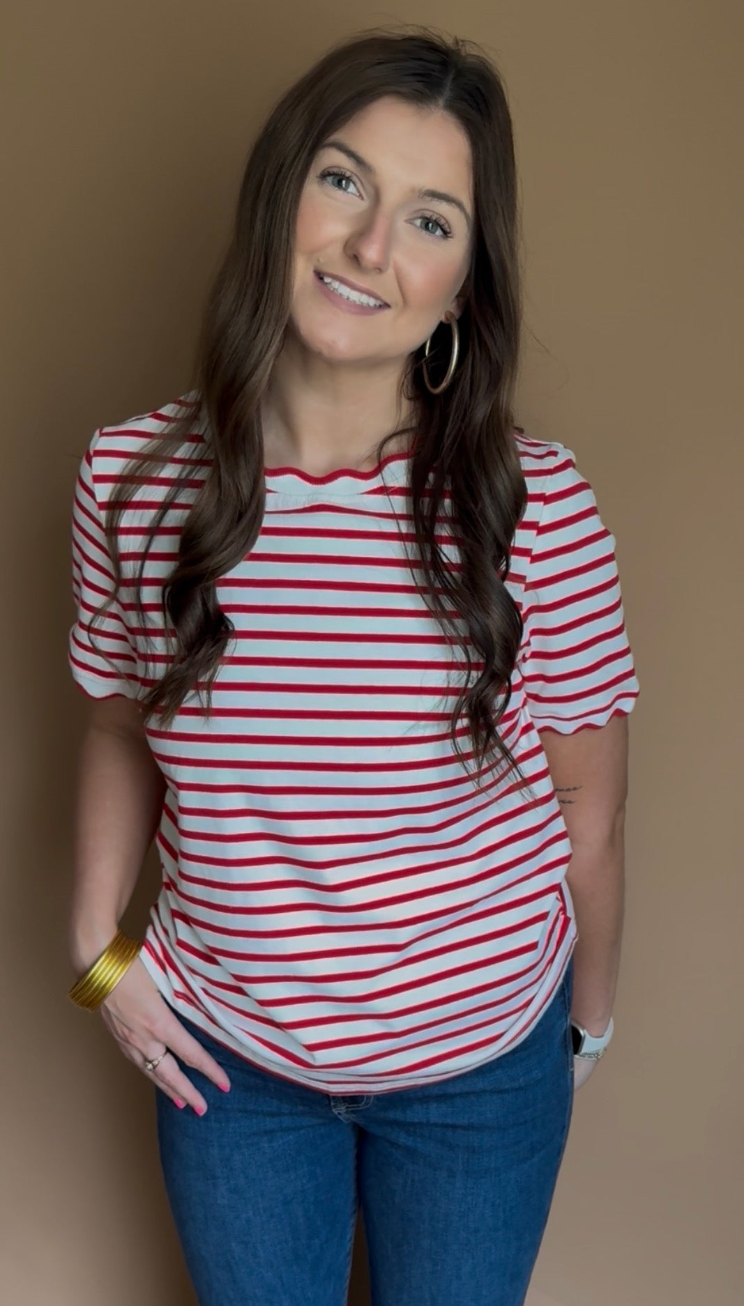 White & Red Striped Scalloped Trim Top