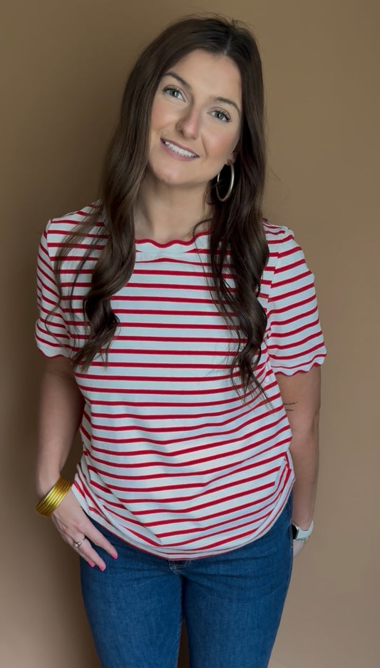 White & Red Striped Scalloped Trim Top