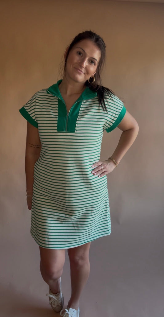 Polo Quarter ZIp - Green Stripes